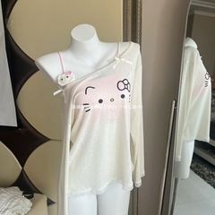 猫斜め肩漫画プリントブラウス夏の新しい緩い怠惰なホットガール薄い日焼け止め長袖トップシャツ女性用