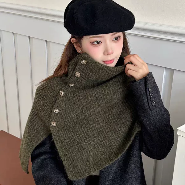 Winter Thickened Shawl, New Fashionable Warm Korean-Style Scarf, Cape with Buttons, Knitted Outerwear, High-Neck Scarf