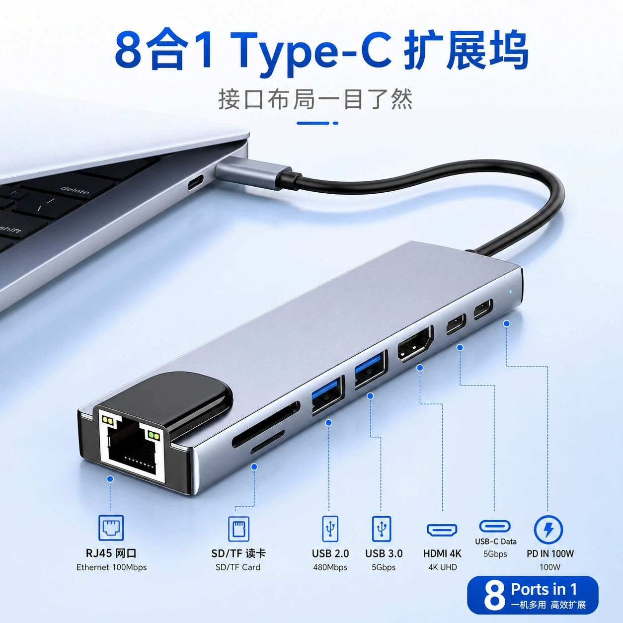 USB-C хаб 8 в 1 (Type-C), алюминиевый док — HDMI 4K@30 Гц, PD 87 Вт, Ethernet, USB3.0