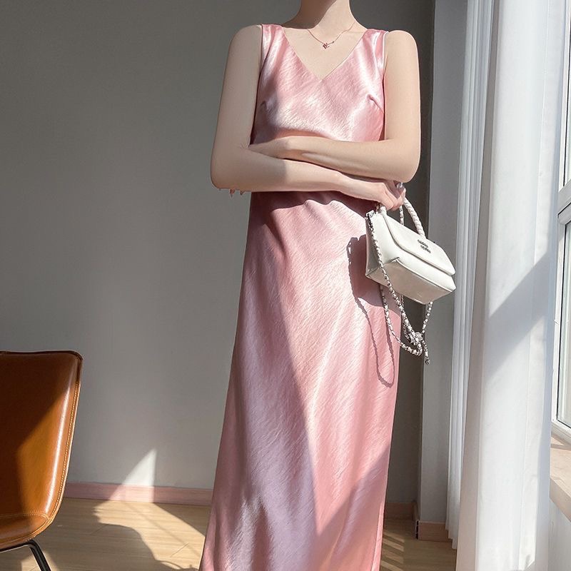 High-End French-Style V-Neck Gold-Accented Acetate Satin Slip Dress for Women, New Summer Sleeveless Tank Dress