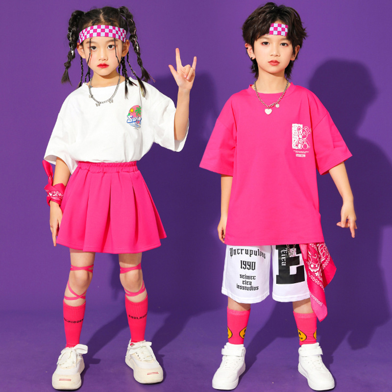Pink hiphop dance costumes for Girls rapper singers  children school cheerleading uniforms games opening ceremony performance clothing chorus dancewear