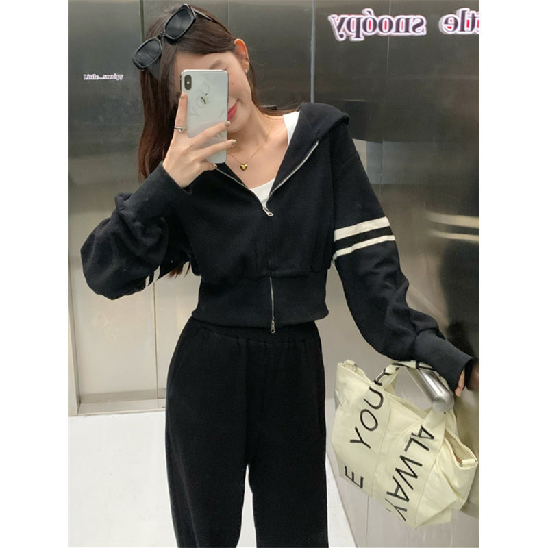 Waffle Casual Sportswear Suit for Women Early Autumn 2024 New Fashion Loose Age-Reducing Sweatshirt Two-Piece Set Trendy
