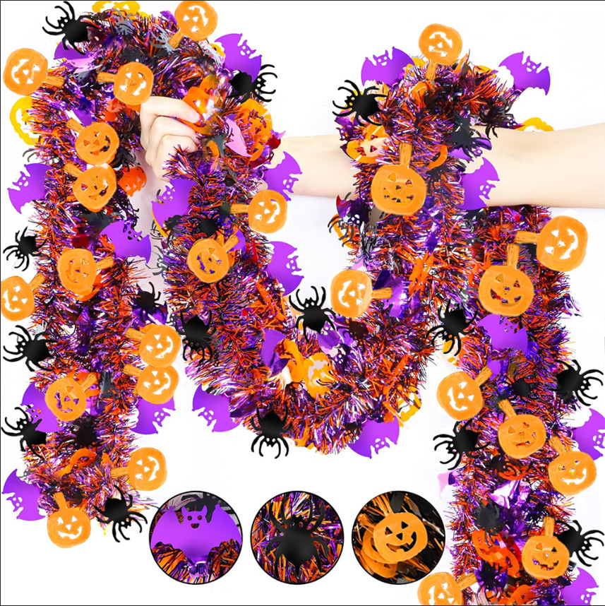 Cross-Border Halloween Decorative Ribbons Haunted House Decoration Encrypted Pumpkin Spider Bat Ribbons Halloween Bat Feather Strips