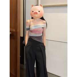 秋季撞色网纱一字肩短袖T恤女装辣妹风设计感修身显瘦短款上衣服