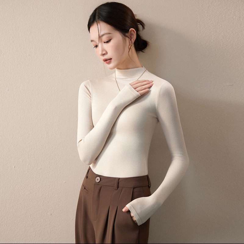 一体绒半高领打底衫女2025秋冬新款加绒加厚保暖重磅长袖女装T恤|undefined