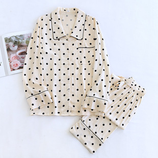Satin cotton silk fashionable western style Internet celebrity retro polka dot pajamas women's spring and autumn thin long sleeve casual style home