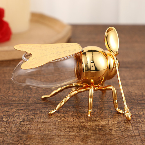 European classical style bee sugar cup, atmospheric golden sugar cup with spoon, high-end kitchen seasoning jar metal crafts