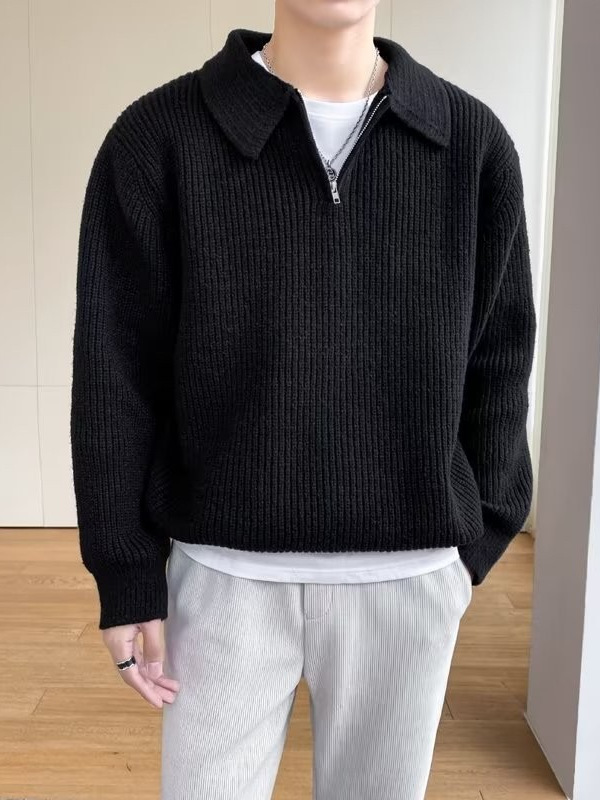 Corea chic otoño e invierno retro estilo perezoso cuello POLO hilo suelto casual suéter de punto de manga larga para hombre