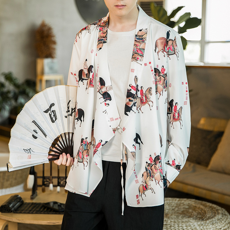 Summer Chinese Ethnic Style Flower Clothes Pants Cardigan Men's Young People's Collar Improved Hanfu Plus Loose Retro Style Summer Chinese Ethnic Style Flower Clothes Pants Cardigan Men's Young People's Collar Improved Hanfu Plus Loose Retro Style