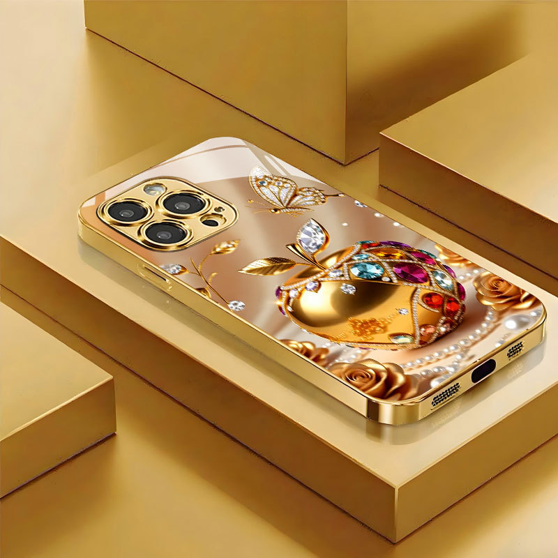 Colorful Diamond Apple Gold Rose Suitable for Apple 17Air Phone Case Iphone16Promax/15 Electroplated Gold Glass