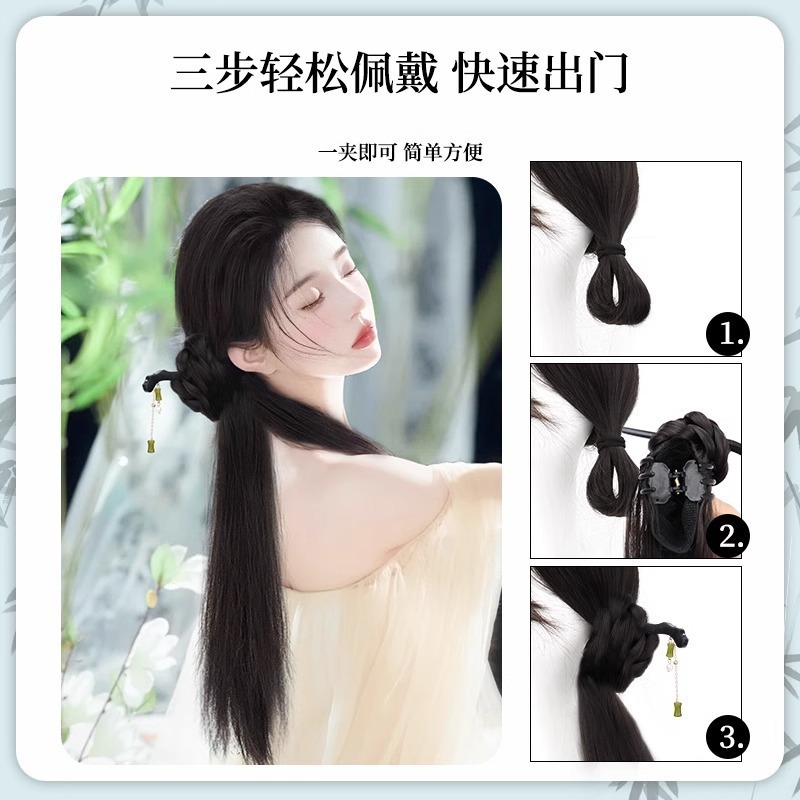新中式竹节发簪辫子双马尾假发女古风抓夹仿真编发旗袍汉服侧|undefined