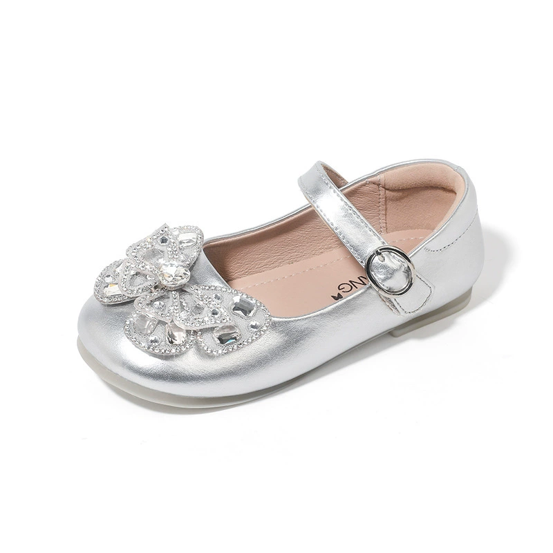 Детские кожаные туфли для девочек, весна 2025, новые, принцессы, мягкая подошва, серебристые, оптом.