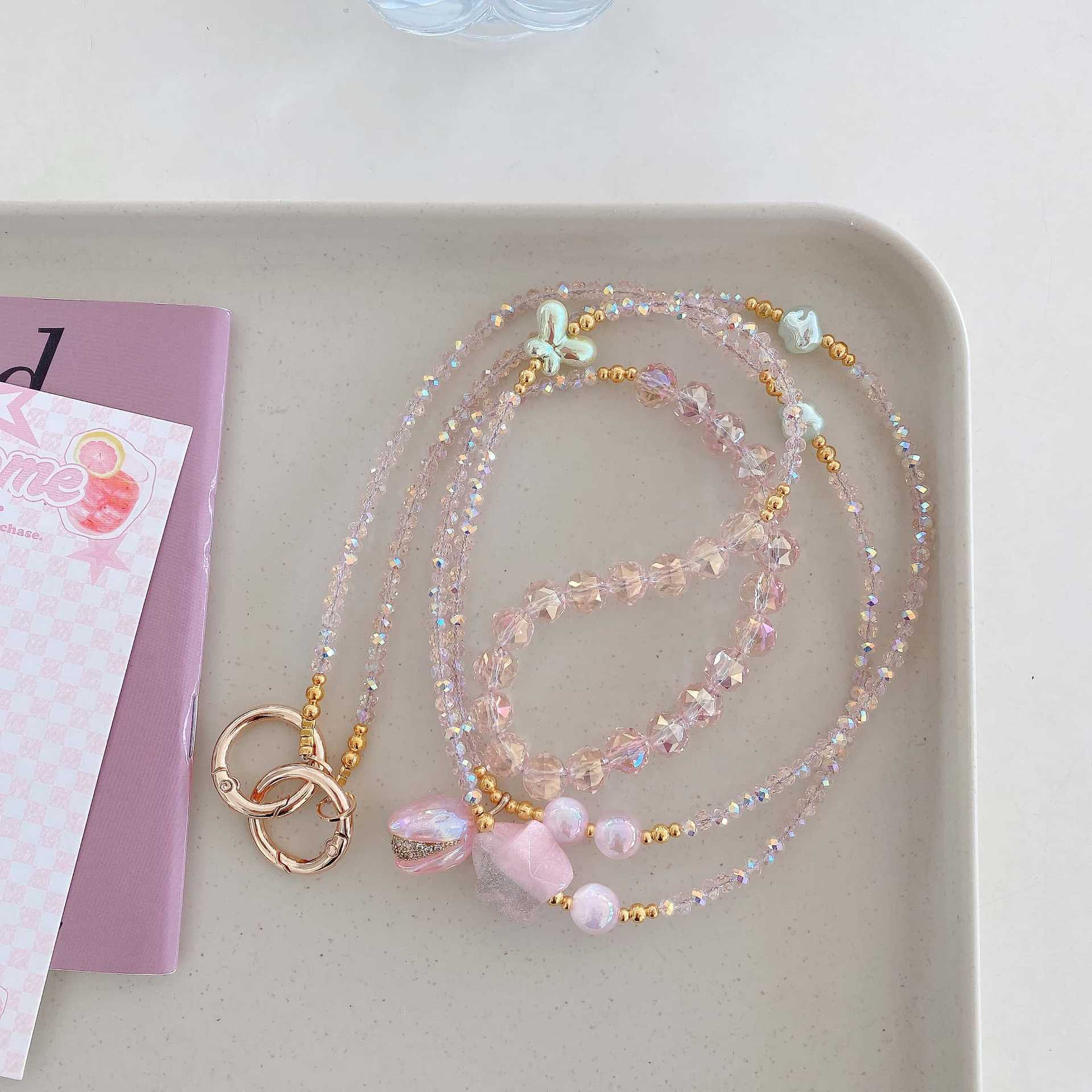 Cadena de teléfono móvil de alta gama hecha a mano de boutique, cadena de pulsera de flores, cordón de teléfono móvil de moda, cordón de mensajero largo y corto