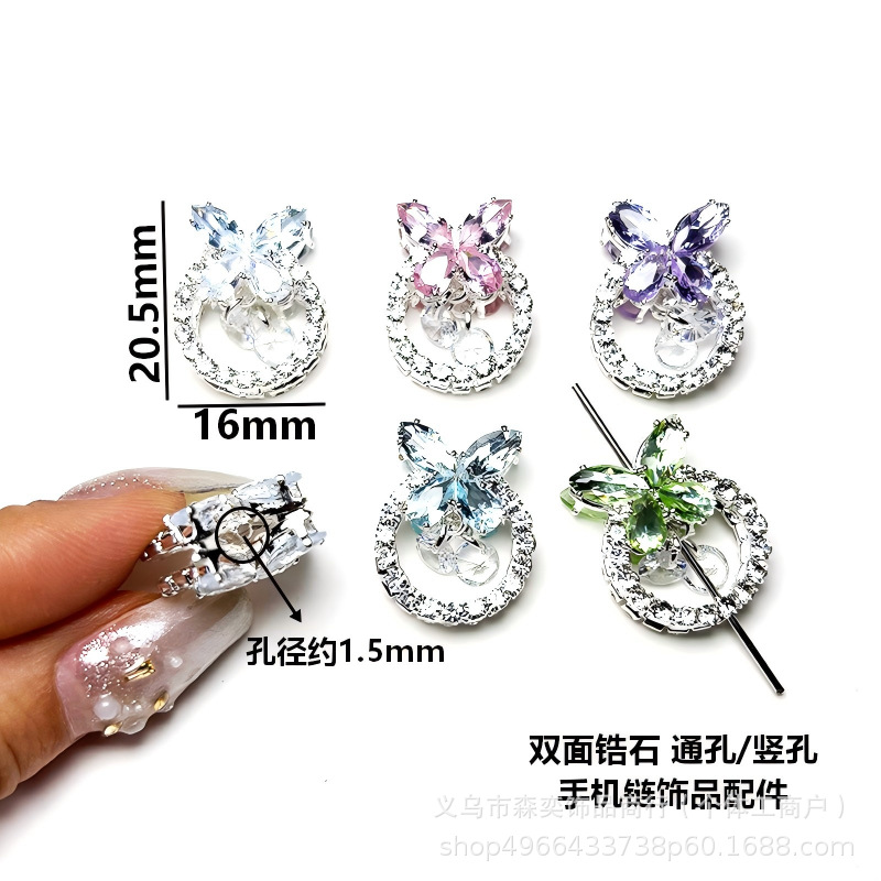 Double-Sided Zircon Butterfly Wreath Vertical Hole Spacer Beads Bowknot Running Ring Straight Hole Beads DIY Phone Chain Accessories