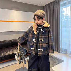 男童夹棉呢子外套春秋款2026新款儿童春季呢大衣加厚大童冬装洋气