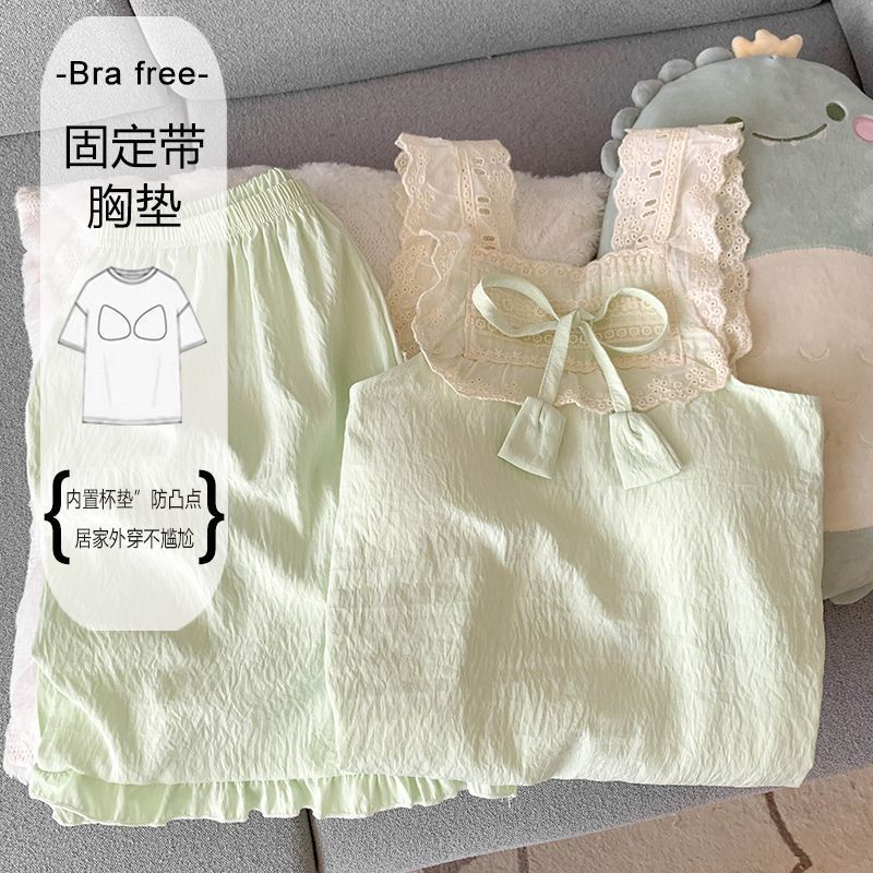 Pijamas para mujer con almohadilla para el pecho chaleco con borde de encaje verano pantalones cortos sin mangas de algodón de nube fina color sólido estilo princesa servicio a domicilio
