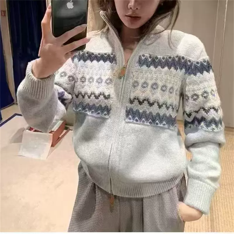 费尔岛复古毛衣女秋冬加厚高领针织开衫宽松慵懒风学院风外套女装
