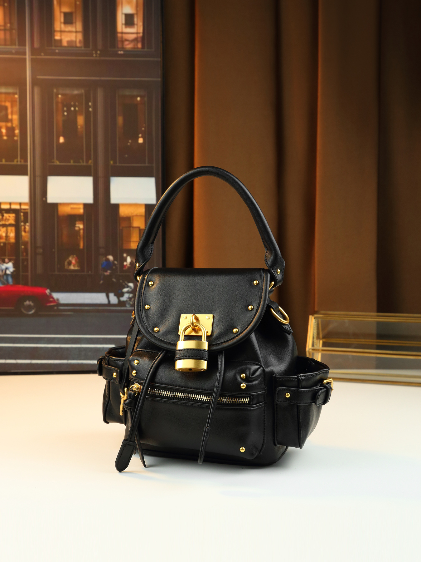 Borsa a mano retrò con lucchetto borchiato, media, multifunzionale, da donna, a tracolla, zaino da pendolare, in pelle PU con cerniera_voghion.com