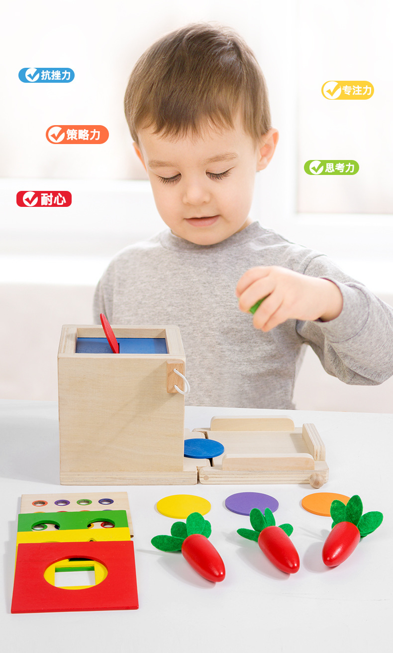 Çapraz Sınır Erken Eğitim Eğitici Montessori Ahşap Dört-İn-One Beş-İn-One Madeni Para Kutusu Çok Fonksiyonlu Havuç Çekme Hedef Kutusu Oyuncak