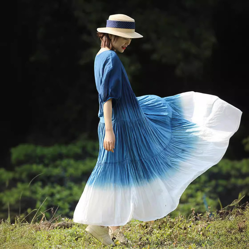 Artistic Retro Original Women's Clothing Grass and Wood Blue Dyeing Tie-Dye Gradient Loose and Light Mulberry Silk Cotton Dress Artistic Retro Original Women's Clothing Grass and Wood Blue Dyeing Tie-Dye Gradient Loose and Light Mulberry Silk Cotton Dress
