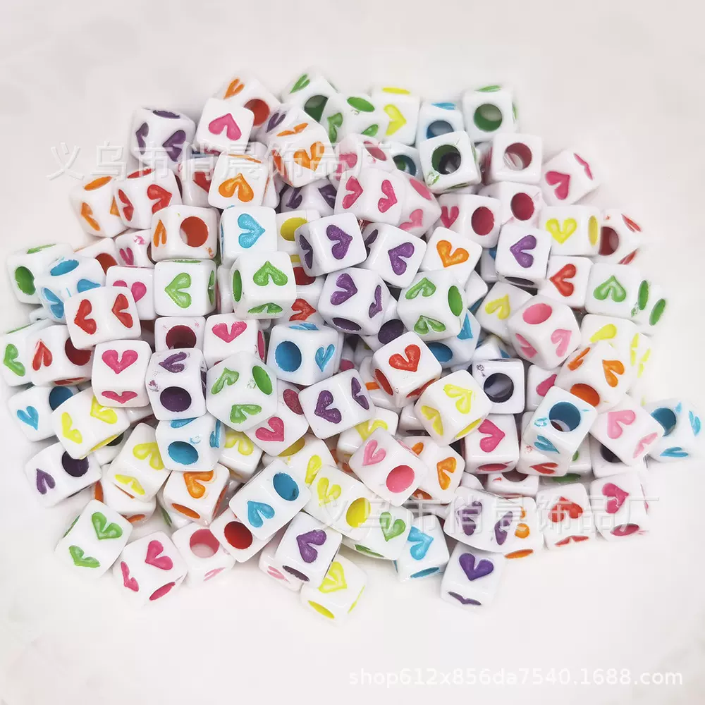 6*6正方形串珠亚克力散珠隔珠配件实心大孔桃心爱心图案水洗滴油