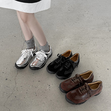 洋气舒适运动底德训鞋2025低跟休闲小皮鞋牛皮拼接真皮系带单鞋女