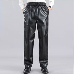 Winter men's leather pants elastic waist thickened for driving take-out rider windproof waterproof motorcycle warm leather pants men