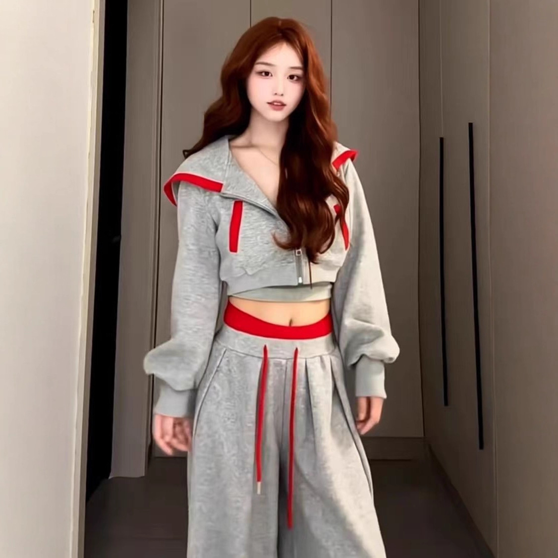 American New Spring and Autumn Casual Sports Suit Women's Hooded Short Sweatshirt Loose Drawstring Sweatpants Fashion Two-Piece Set