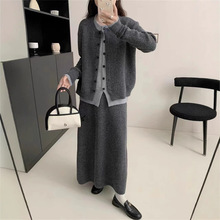 拼色假两件上衣针织套装女秋冬新款韩版宽松圆领毛衣半身裙两件套