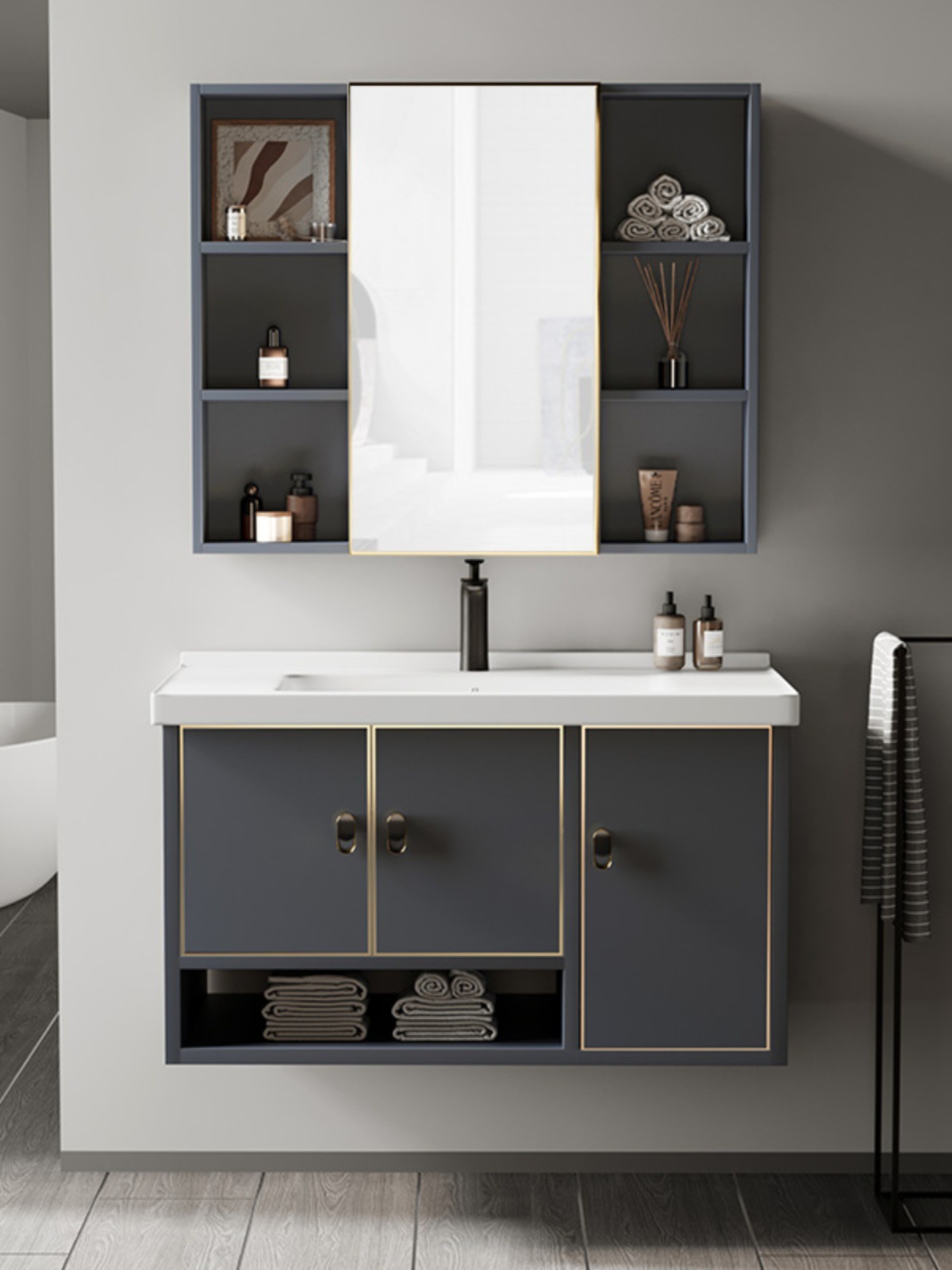 Gabinete de baño de aluminio de espacio de lujo ligero combinación de baño minimalista moderno pequeño apartamento Lavado de Manos lavabo combinación gabinete almacenamiento