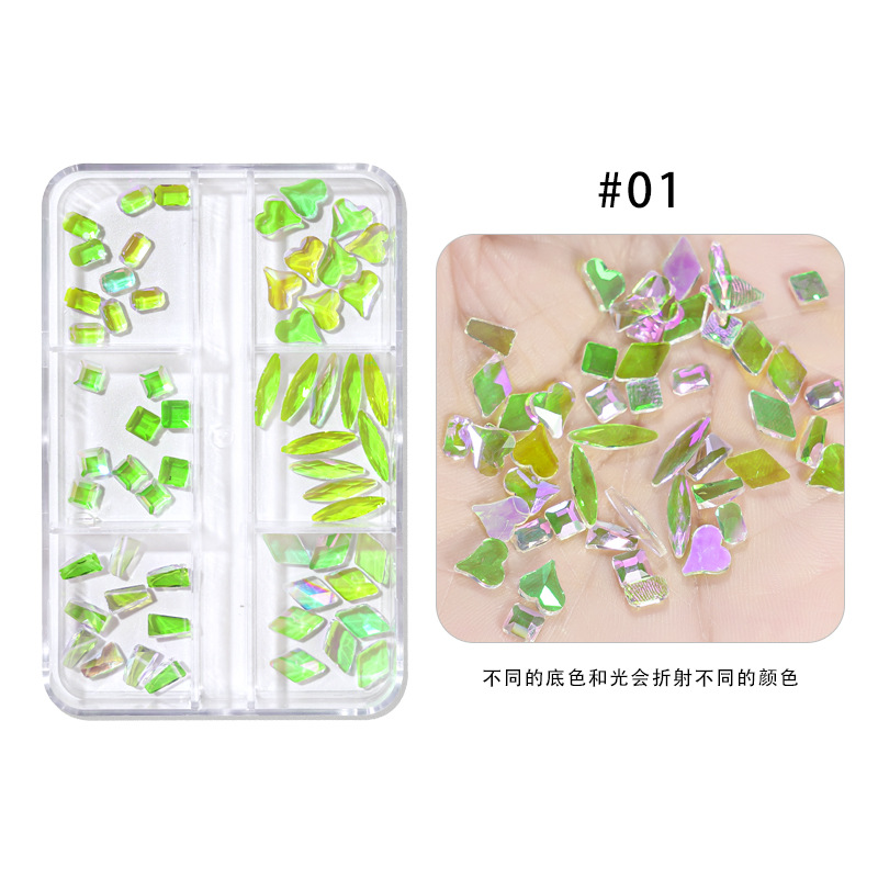 Nail Art Aurora perforación de vidrio 6 grados mezclados fondo plano perforación de forma especial de hielo color fantasma perforación de uñas al por mayor