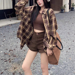 幂式穿搭藏青色格子衬衫女春夏季宽松慵懒风衬衣外套开衫长袖上衣