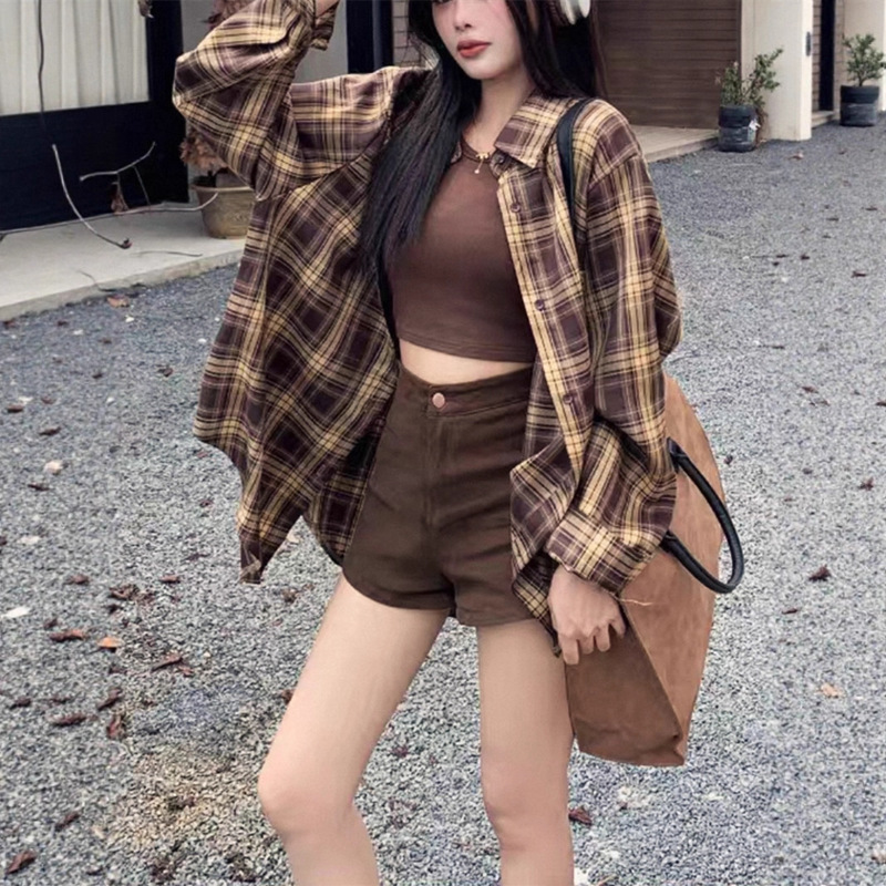 格子衬衫女装长袖上衣春秋季韩系宽松复古慵懒风开衫衬衣外套批发|undefined
