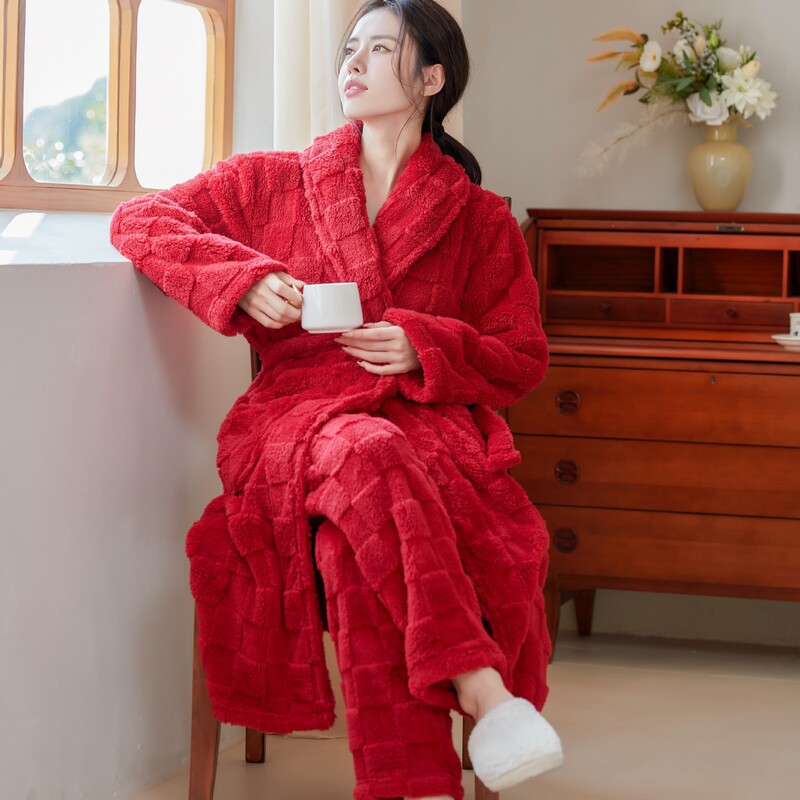 方格提花舒棉绒长款睡袍套装秋冬新款开衫浴袍长袖男女同款家居服|undefined