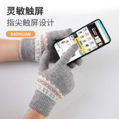 女士针织手套秋季冬季分指双层加绒加厚保暖户外骑行触屏毛线手套