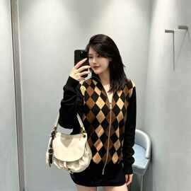 南油高定26早秋款撞色菱形拉链polo领针织毛衣开衫上衣miu系女装