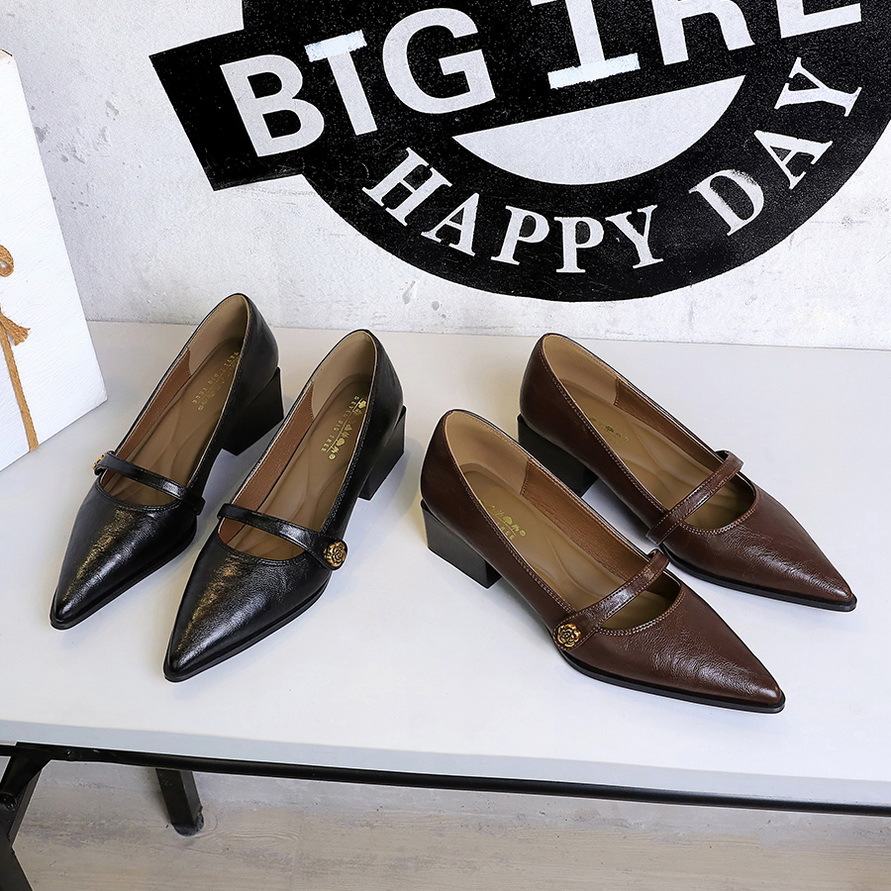 2838-3 Retro Mary Jane Women's Shoes Coarse Heel Shallow Mouth Pointed Mountain Camellia One Button Temperament Low Order Shoes