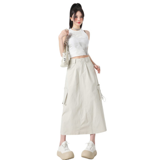American Split Tooling Skirt Women's Spring and Summer 2025 New High Waist Slimming Mid-length Trendy Rag A- line Skirt