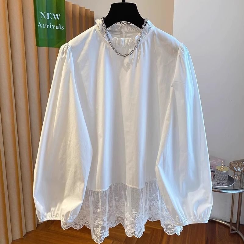 [Original Craftsmanship] White Lace Patchwork Shirt for Women, 2025 Spring Style, Loose and Beautiful Design, Stand-Up Collar Top