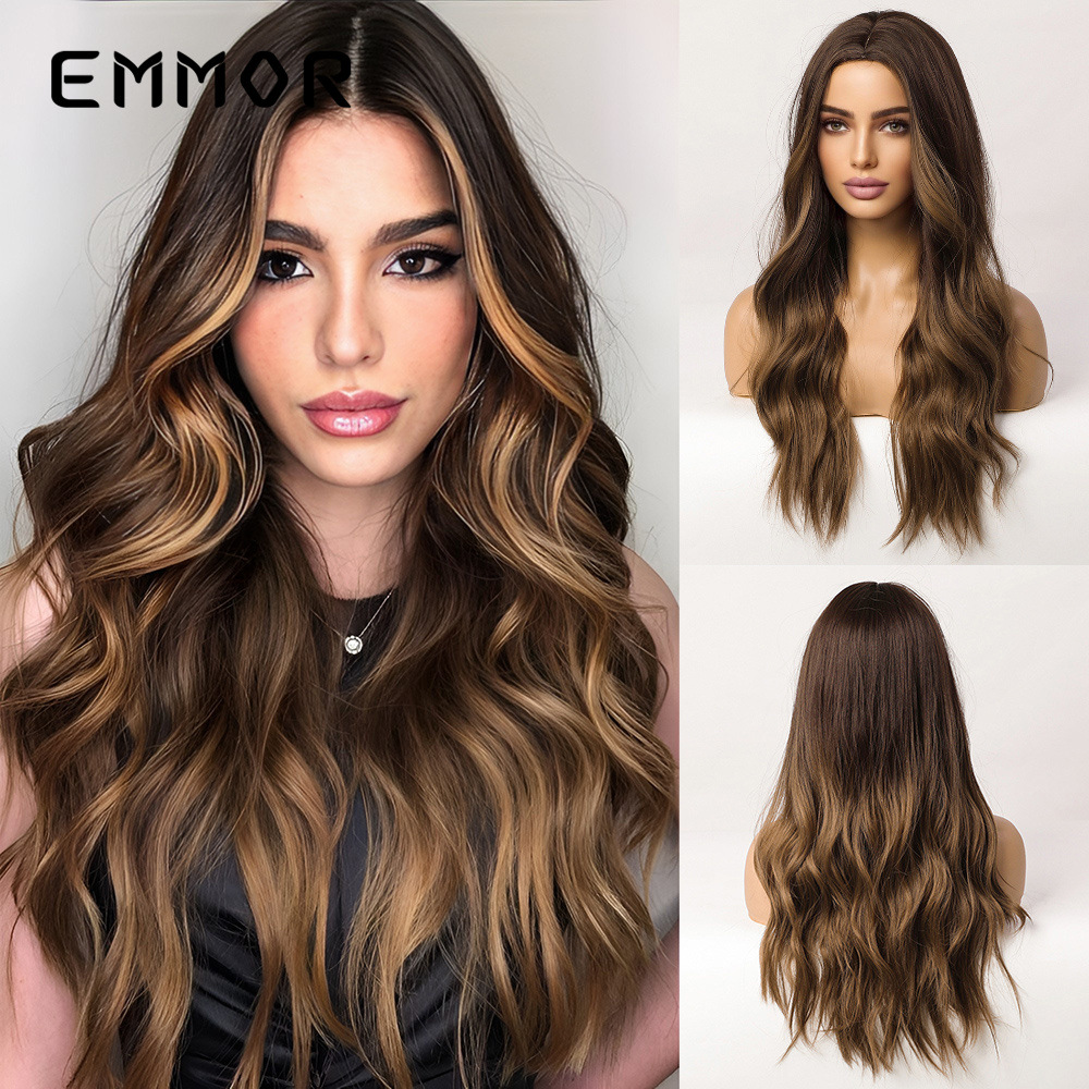 Nueva peluca de estilo europeo y americano transfronterizo, temperamento femenino, diosa, degradado, rollo largo marrón, stock de fábrica, cubierta completa