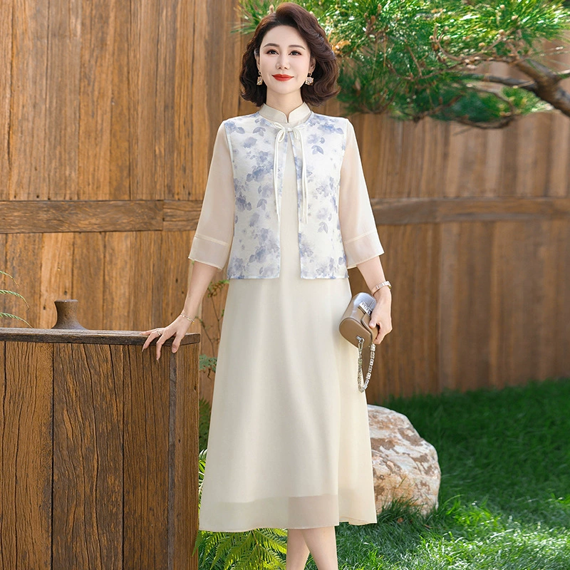 Летнее новое стильное платье для мам среднего и пожилого возраста, комплект из двух предметов, модная женская длинная юбка, тонкая элегантная летняя юбка