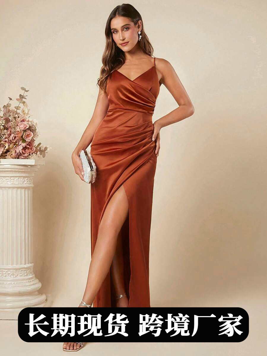 Ropa de mujer transfronteriza europea y americana primavera y verano nuevo vestido de tirantes de satén comercio exterior falda plisada sexy vestido de dama de honor