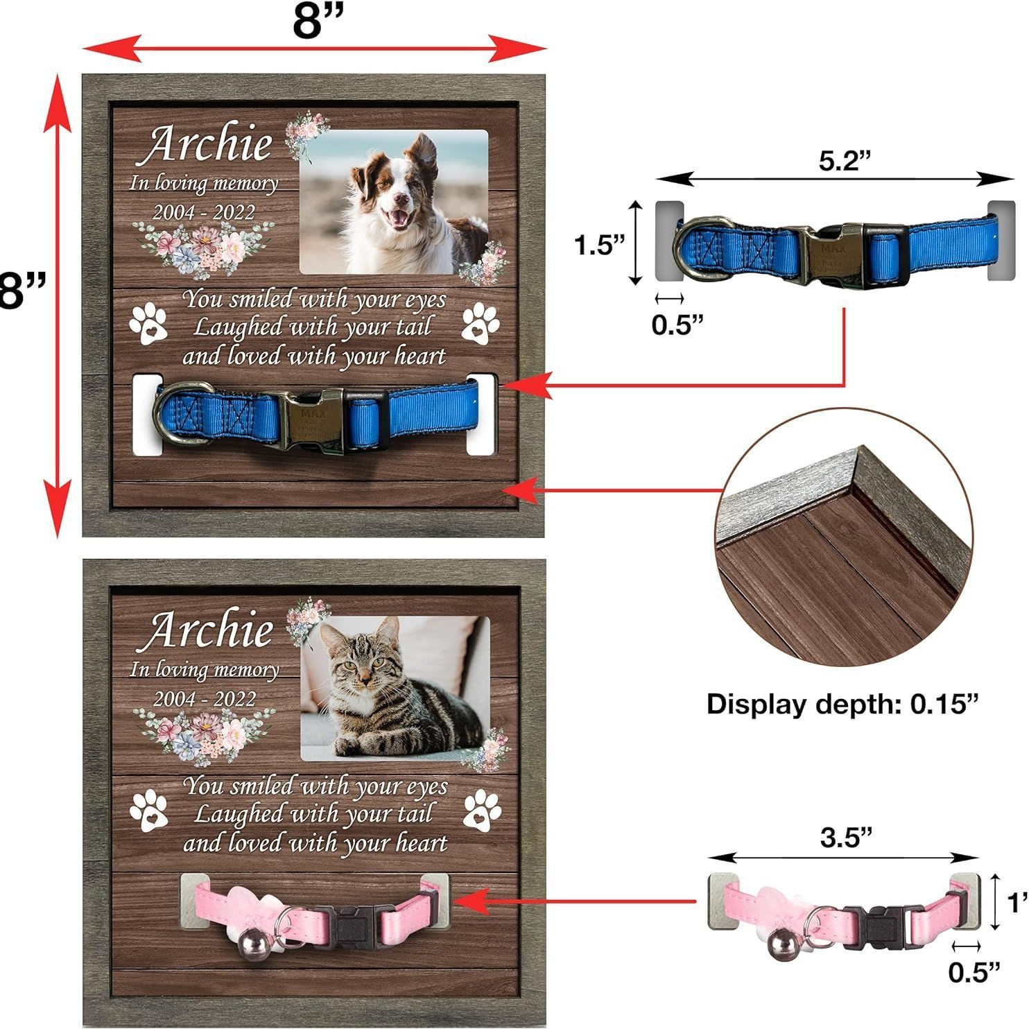 El marco de fotos conmemorativo del animal doméstico de madera puede sostener la tabla del rollo de la flor del collar marco de fotos del animal doméstico regalo perdido del animal doméstico de madera