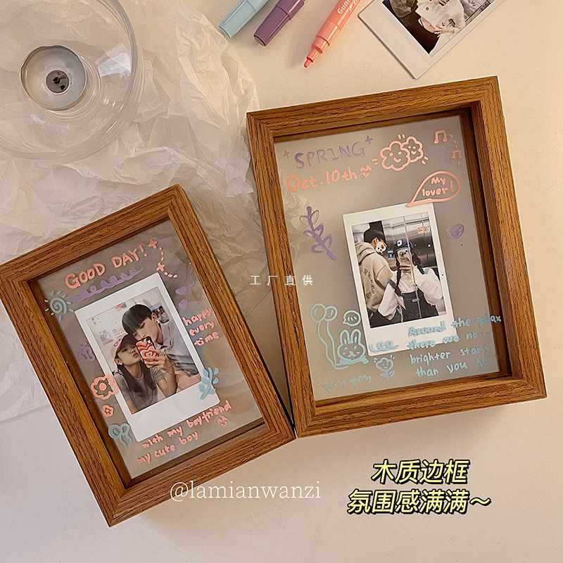 5RY木质木头相框家用照片收纳盒涂鸦画框桌上桌面摆件结婚纪念日