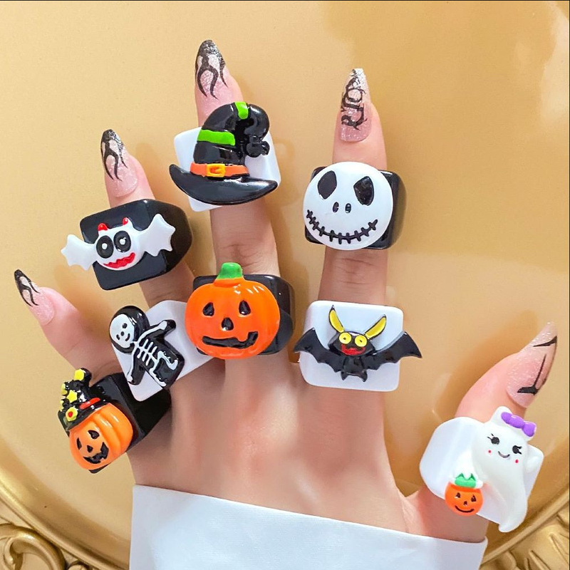 Cross-border hot selling Amazon Halloween joint ring pumpkin bat ghost festival exaggerated fun resin ring wholesale Cross-border hot selling Amazon Halloween joint ring pumpkin bat ghost festival exaggerated fun resin ring wholesale