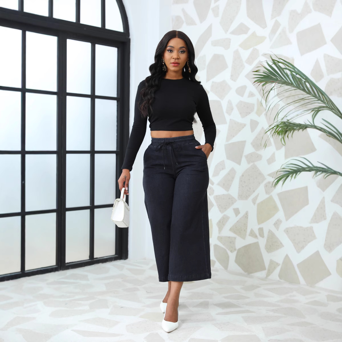 Pantalones vaqueros elásticos de mezclilla con cordones, de pierna recta y ancha, estilo cropped, de moda europea y americana, de alta calidad, para mujer, venta al por mayor, novedad 2026