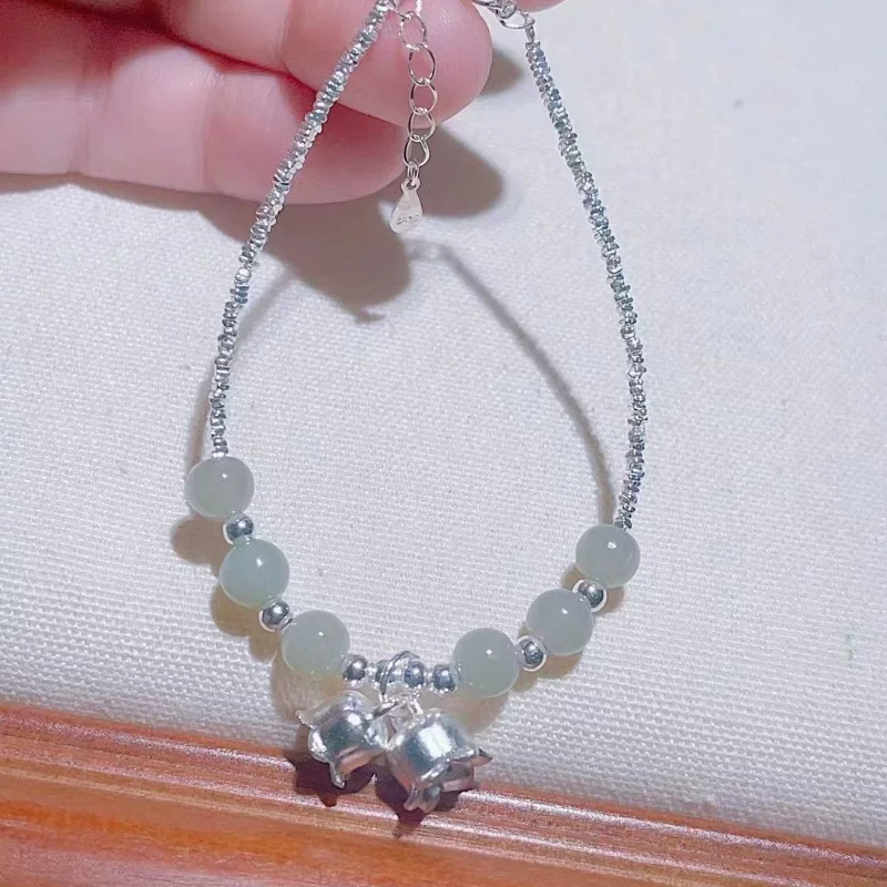 Organic silver bracelet jade, 925 sample silver, orchid