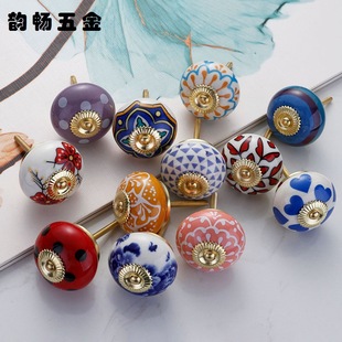 Yunchang European Round Ceramic Handle Golden Furniture Cabinet Drawer Printed Ceramic Handle Diameter 40mm Single Hole