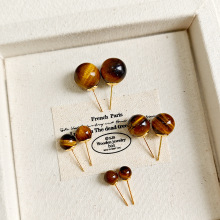 欧美风美拉德色系天然虎眼石圆球耳钉耳环秋冬复古气质精致耳饰女