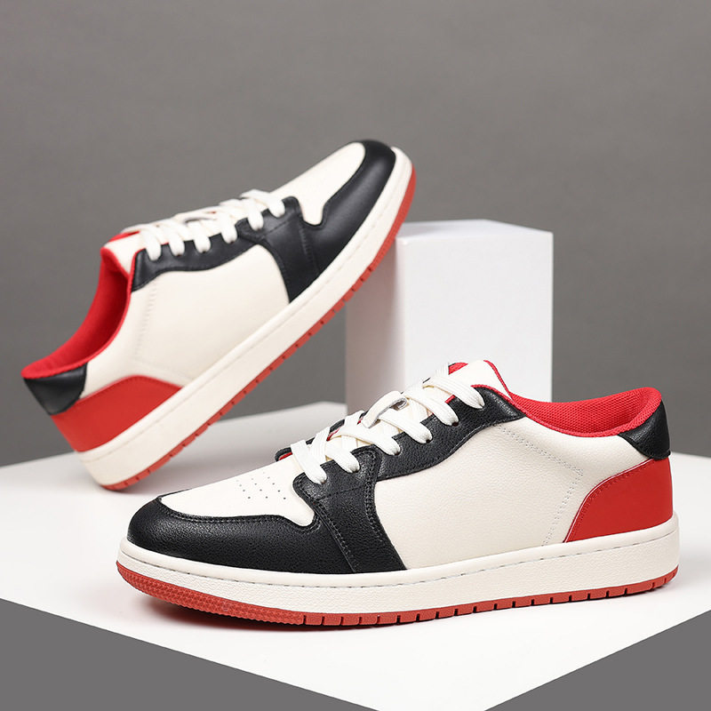 Giày sneaker nam da bò thoáng khí, đế bệt, dây buộc phía trước — 88055 Đen đỏ (da bò), 88055 đen và trắng (da bò)